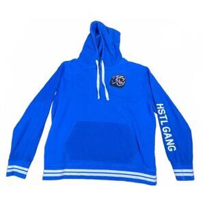 Blue Hoodie with HSTL GANG Sleeve Print and Bear Patch 2X Y2K